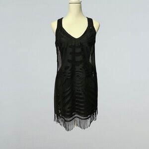 Guess Black Dress with Netting and Fringe Overlay